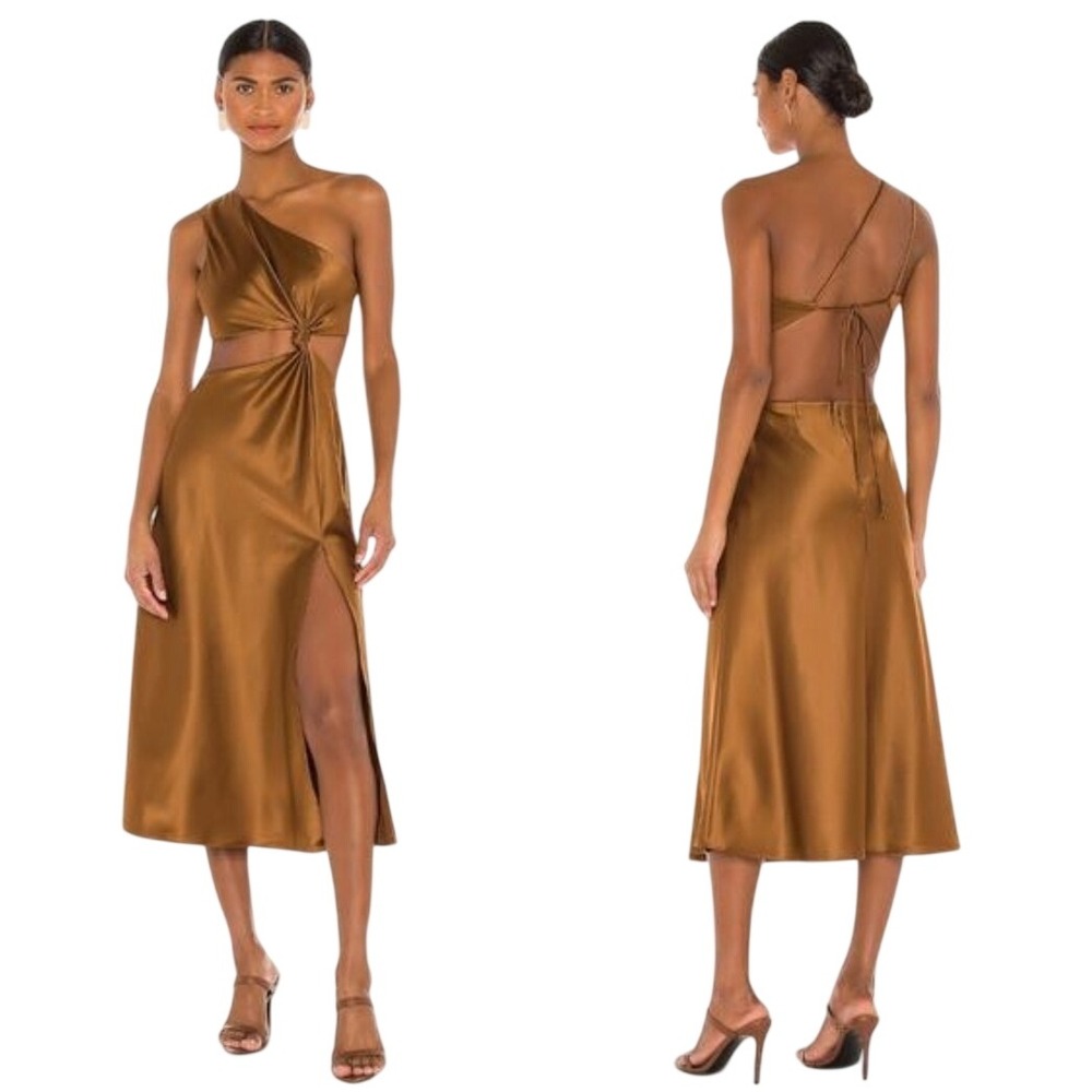 LPA Midi Dress Women XL Brown One Shoulder Cut Out Satin Slit Revolve Party Club